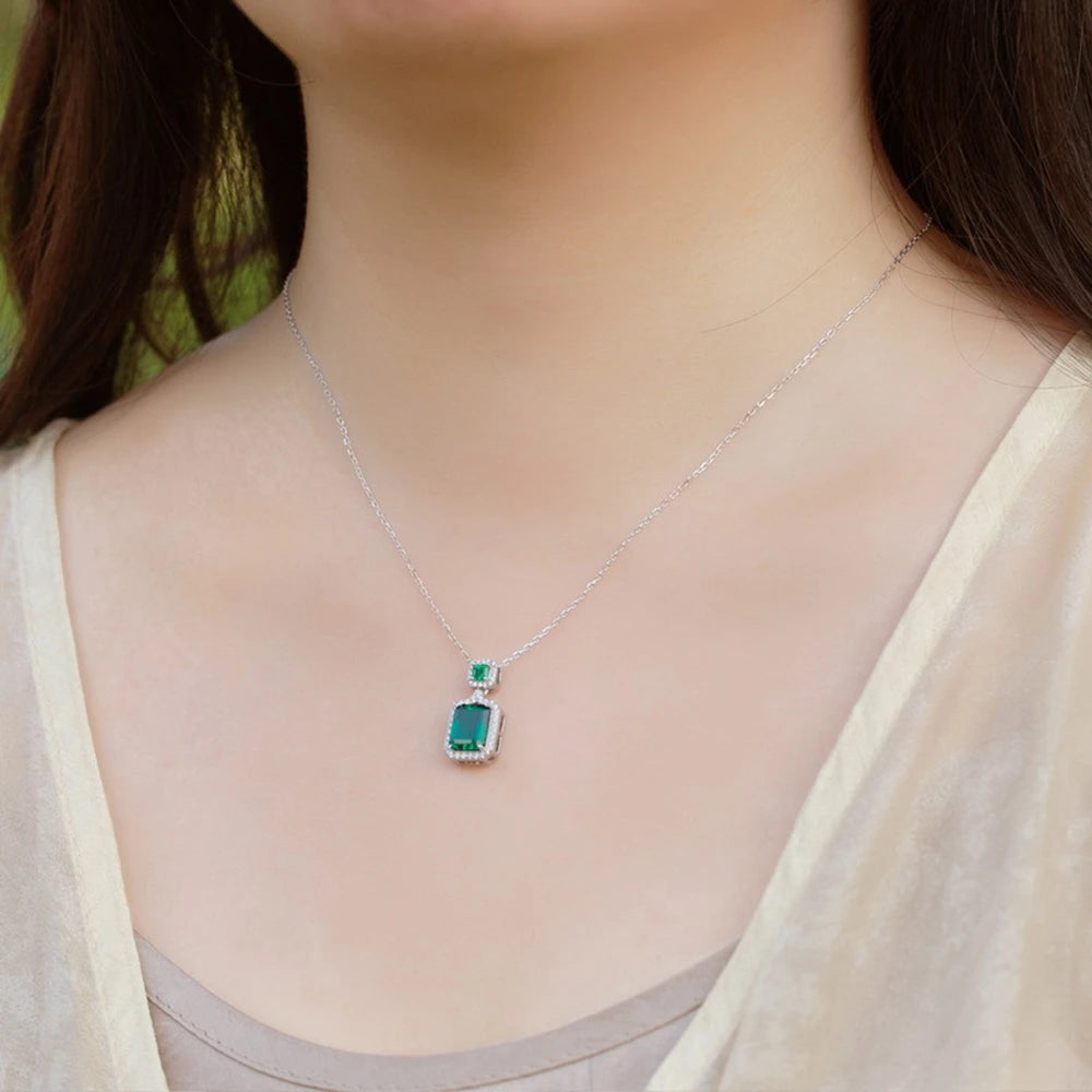 Wong Rain Vintage 925 Sterling Silver Emerald Cut  7*9 MM Emerald High Carbon Diamond Gemstone Pendant Necklace Fine Jewelry