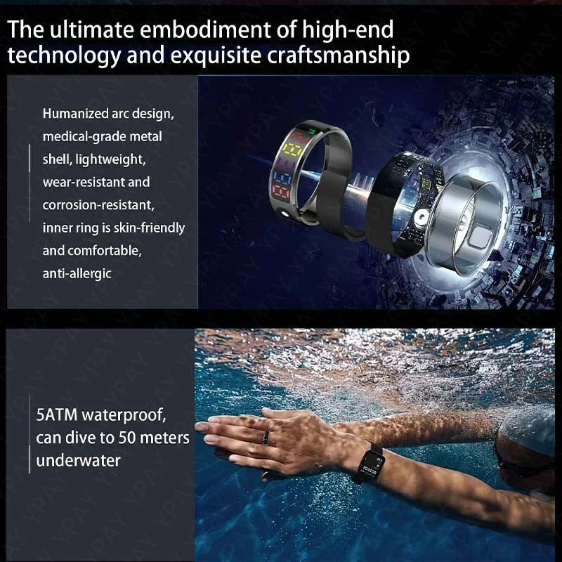 2025 Smart Ring For Men Women Heart Rate Blood Oxygen Health and Sleep Monitor Multi Sport 5ATM Waterproof Ring With LED Display