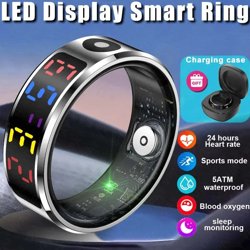 2025 Smart Ring For Men Women Heart Rate Blood Oxygen Health and Sleep Monitor Multi Sport 5ATM Waterproof Ring With LED Display
