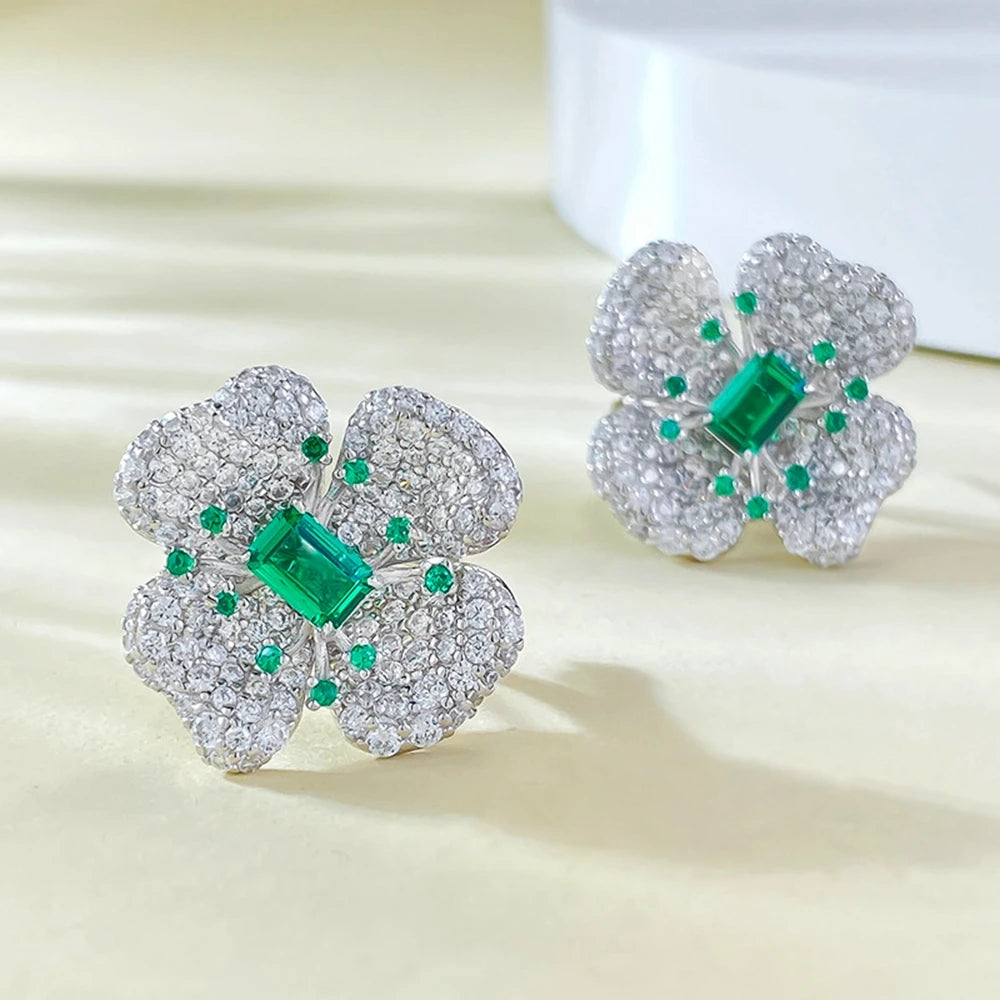 Wong Rain 100% 925 Sterling Silver Sparkling 4*6 MM Emerald High Carbon Diamond Gemstone Flower Ear Studs Earrings Fine Jewelry