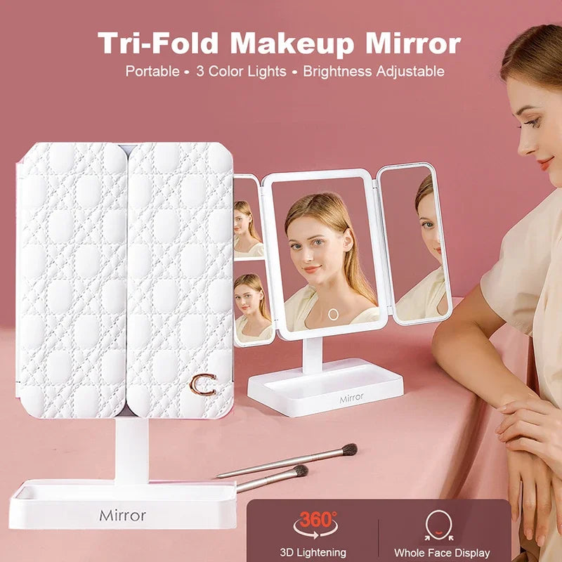 Tri-Fold Makeup Mirror with Led Light, Rotable Cute Desk Vanity Mirror 3 Tone with 2X/3X Magnifying Gift for Mom Wife Girlfriend