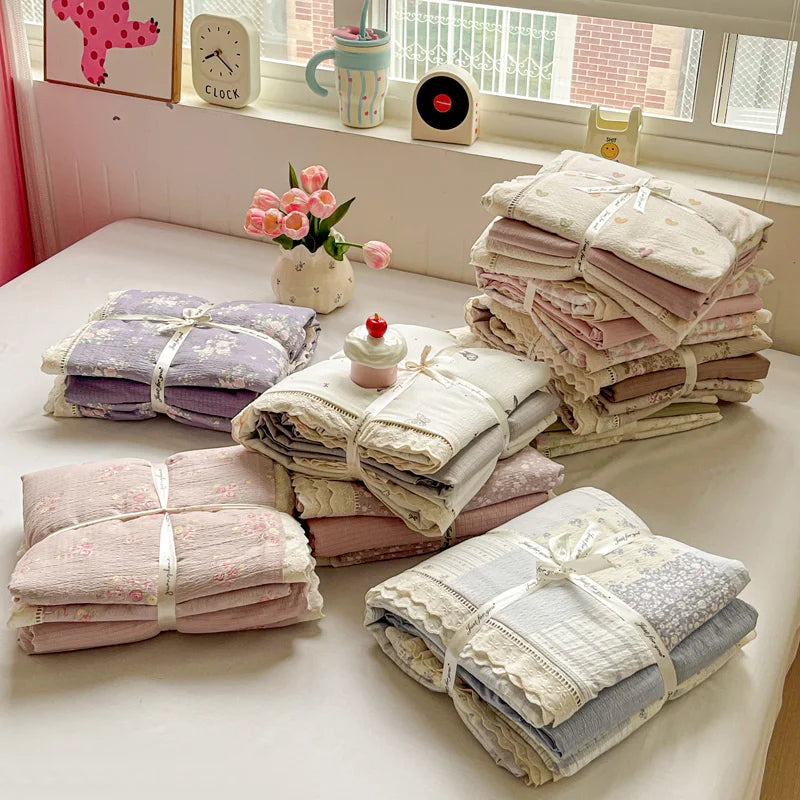 INS Princess Bedding Set 이불세트 2025 New Soft Wrinkled Double-layer Bed Flat Sheet Twin Queen Size Duvet Set Pillowcase Bed Linens