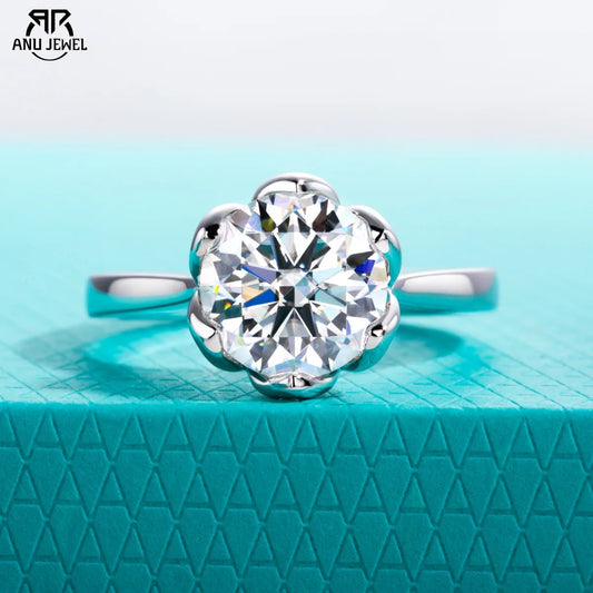 AnuJewel 3ct D Color Moissanite Lotus Engagement Ring 925 Sterling Silver Solitaire Promise Rings for Women Jewelry Gifts