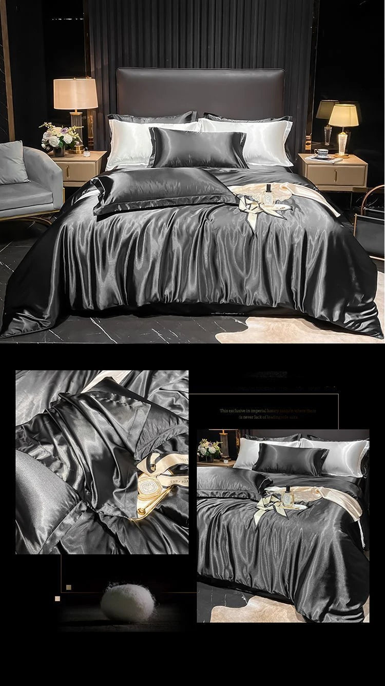 Real 100% Mulberry Silk Bedding Set with Duvet Cover Fitted/Flat Bed Sheet Pillowcase Solid Color 4pcs King Queen Twin Bed Sets