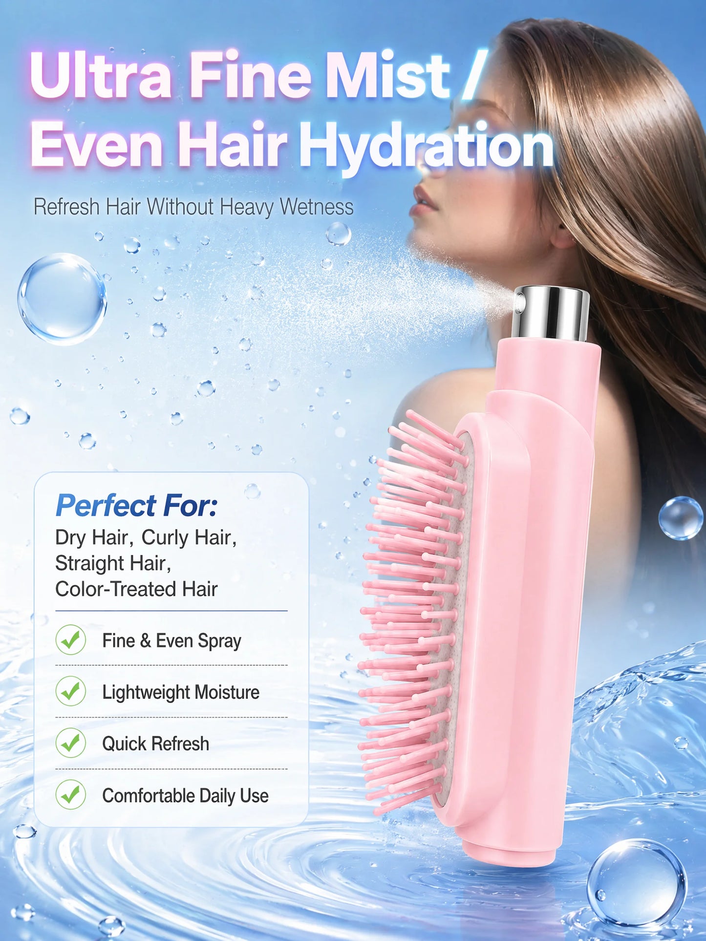 2 In 1 Spray Hair Brush Refillable Water Mist Comb Portable Detangling Scalp Massage Anti Frizz Hair Styling Travel Brush