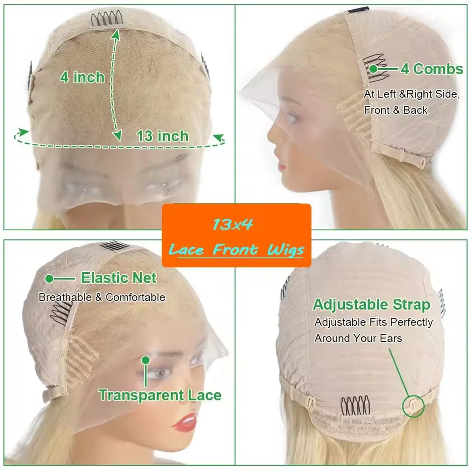 #613 Platinum Blonde Blunt Cut Bone Straight Bob Human Hair Wig 13x4 HD Swiss Transparent Lace Frontal Wig Bleached Knots Pre Plucked Natural Hairline Baby Hair