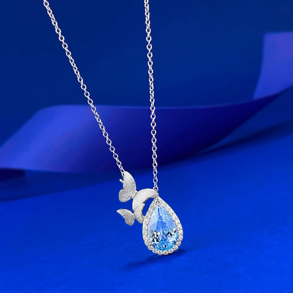 Wong Rain 100% 925 Sterling Silver Pear Cut 7*11 MM Blue Topaz High Carbon Diamond Gems Pendant Necklace Fine Jewelry Wholesale