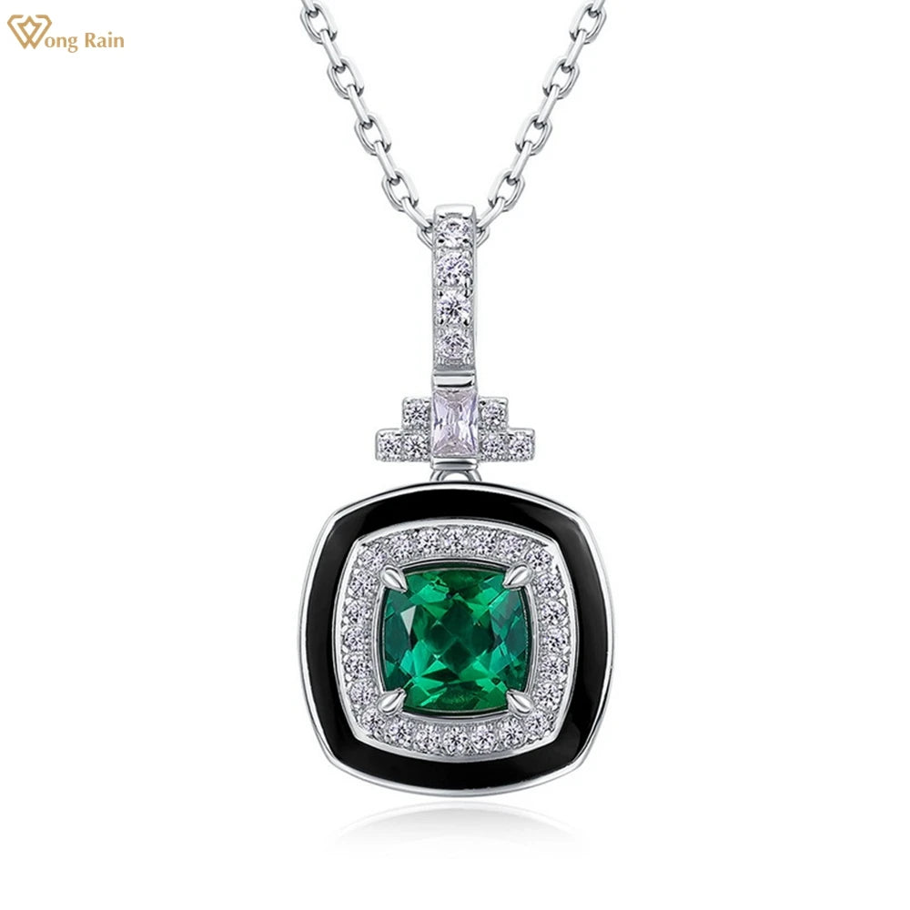 Wong Rain 925 Sterling Silver 6 MM Emerald High Carbon Diamond Gemstone Pendant Necklace Fine Jewelry Anniversary Gifts