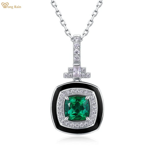 Wong Rain 925 Sterling Silver 6 MM Emerald High Carbon Diamond Gemstone Pendant Necklace Fine Jewelry Anniversary Gifts