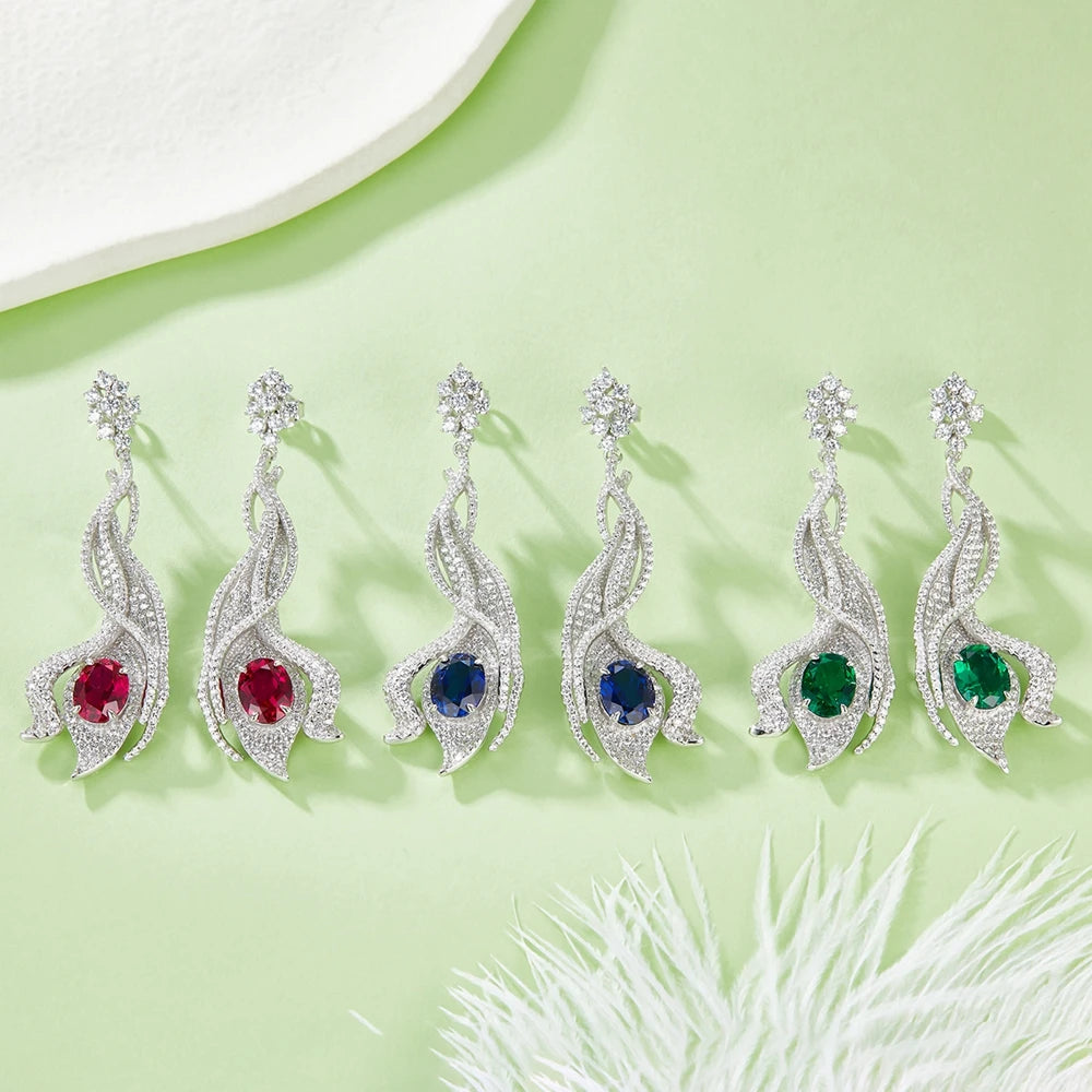Wong Rain Elegant 925 Sterling Silver 5CT Sapphire Ruby Emerald High Carbon Diamond Gemstone Drop Earrings Ear Stud Fine Jewelry