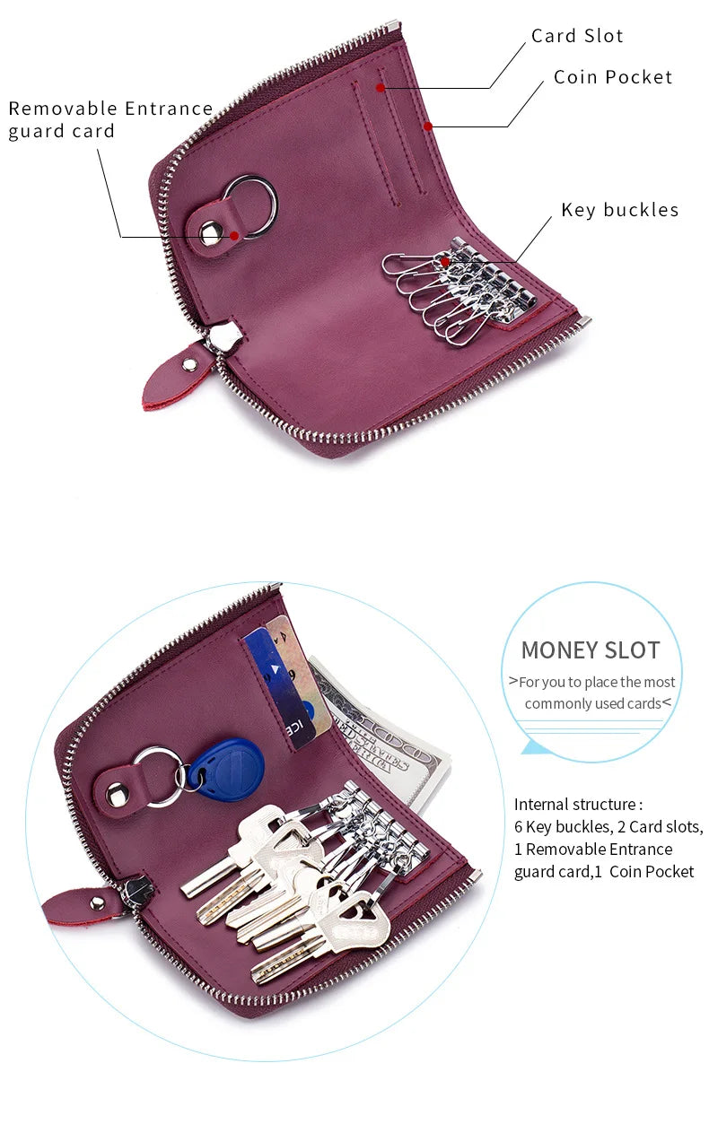 Mens Split Leather Key Chain Zipper Coin Case , Leather Car Smart Key Chain Metal Hook, Keyring Zipper Coin Wallet for women