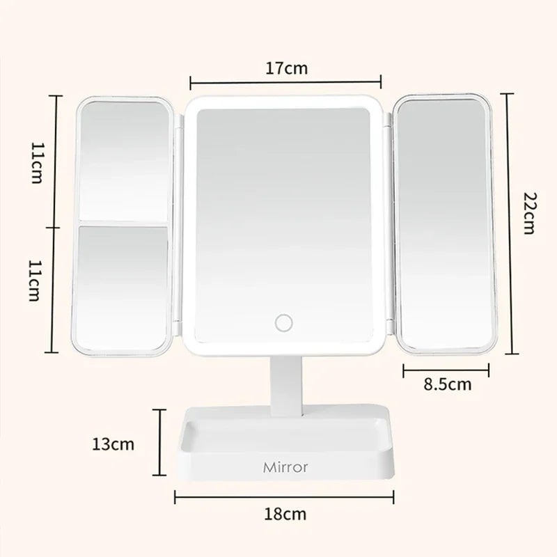 Tri-Fold Makeup Mirror with Led Light, Rotable Cute Desk Vanity Mirror 3 Tone with 2X/3X Magnifying Gift for Mom Wife Girlfriend