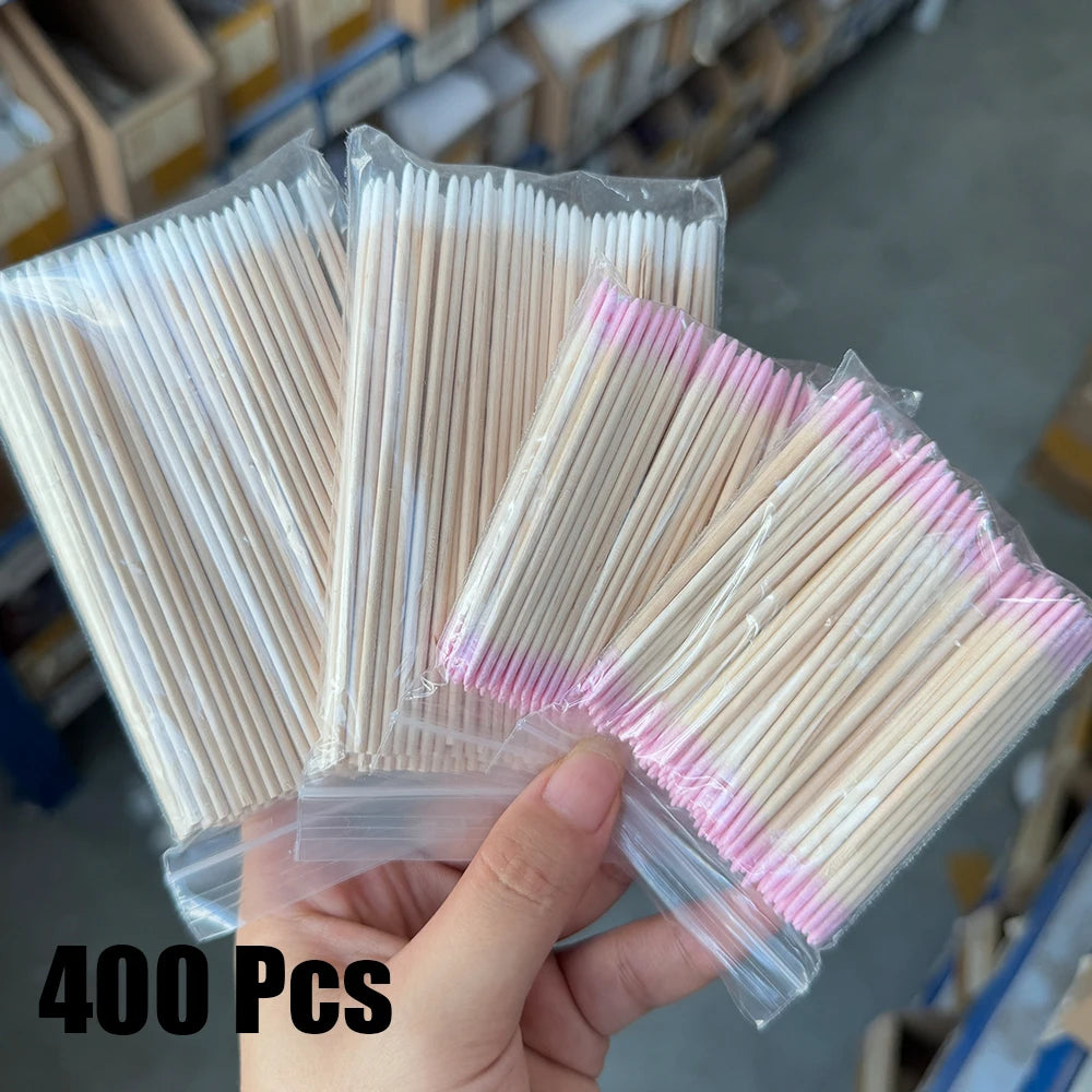 400pcs Pink Double Head Nail Art Cuticle Pusher Remover 7CM Orange Wood Sticks Cotton Swab Clean Tool for Nail Rhinestone Makeup