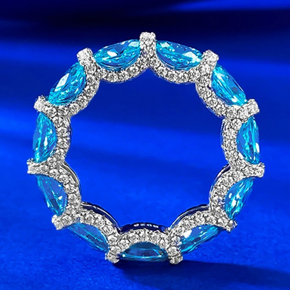 Wong Rain Luxury 925 Sterling Silver Oval Cut 4*6 MM Aquamarine High Carbon Diamond Gemstone Row Rings Fine Jewelry Wedding Band