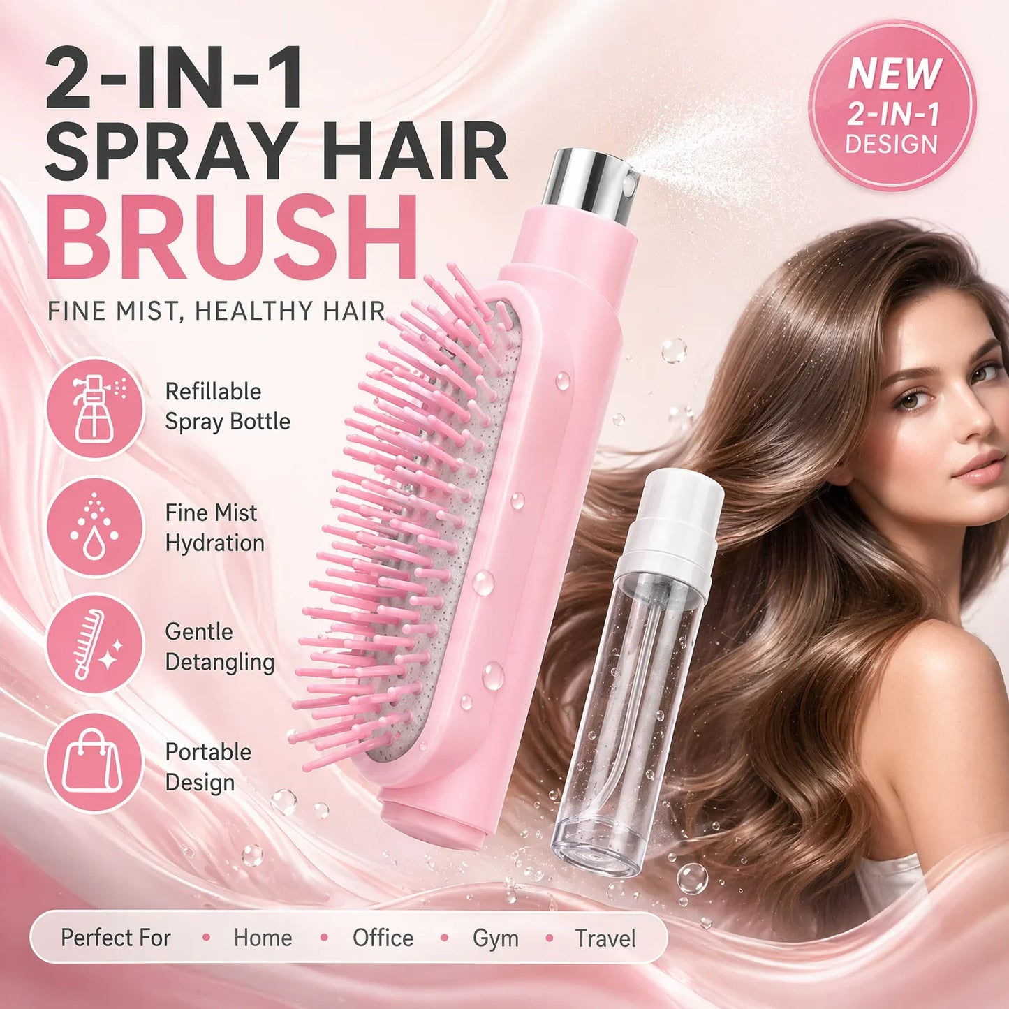 2 In 1 Spray Hair Brush Refillable Water Mist Comb Portable Detangling Scalp Massage Anti Frizz Hair Styling Travel Brush