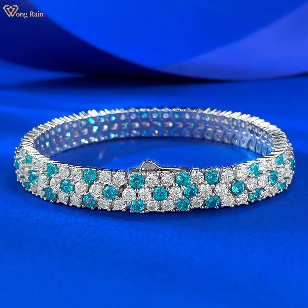 Wong Rain Luxury 925 Sterling Silver Paraiba Tourmaline High Carbon Diamond Gems Women Bracelets Bangle Fine Jewelry 15-18 CM