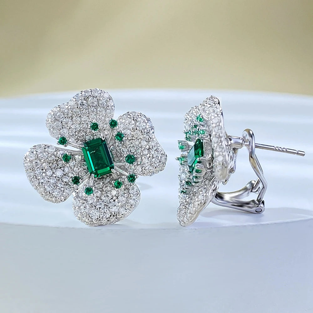 Wong Rain 100% 925 Sterling Silver Sparkling 4*6 MM Emerald High Carbon Diamond Gemstone Flower Ear Studs Earrings Fine Jewelry