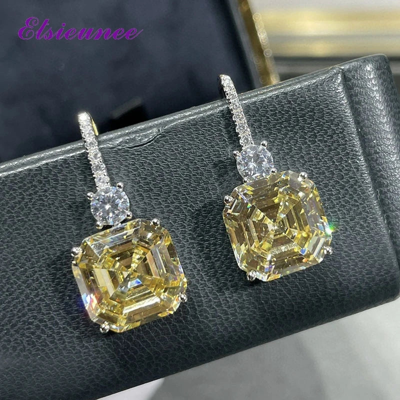 ELSIEUNEE 100% 925 Strerling Silver 12*12MM Asscher Cut Sparkling Citrine High Carbon Diamond Drop Earrings for Women Party Gift