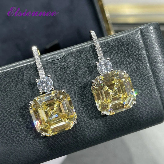 ELSIEUNEE 100% 925 Strerling Silver 12*12MM Asscher Cut Sparkling Citrine High Carbon Diamond Drop Earrings for Women Party Gift
