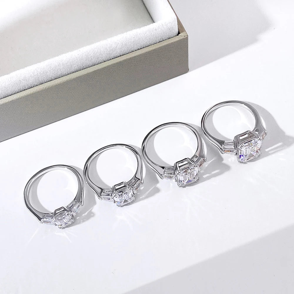 1-4 Carat Emerald Cut Moissanite Rings for Women D VVS1 Three Stone Diamond Engagement Ring Side Baguettes 925 Silver Jewelry