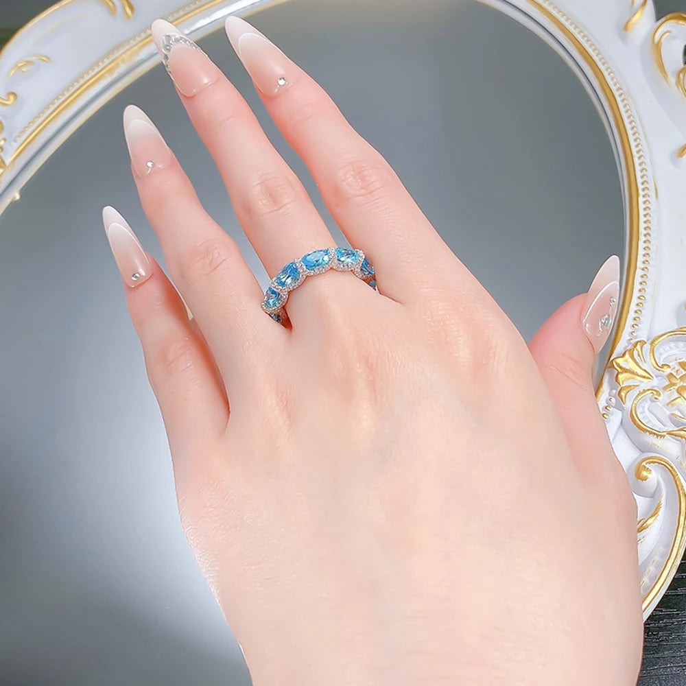 Wong Rain Luxury 925 Sterling Silver Oval Cut 4*6 MM Aquamarine High Carbon Diamond Gemstone Row Rings Fine Jewelry Wedding Band