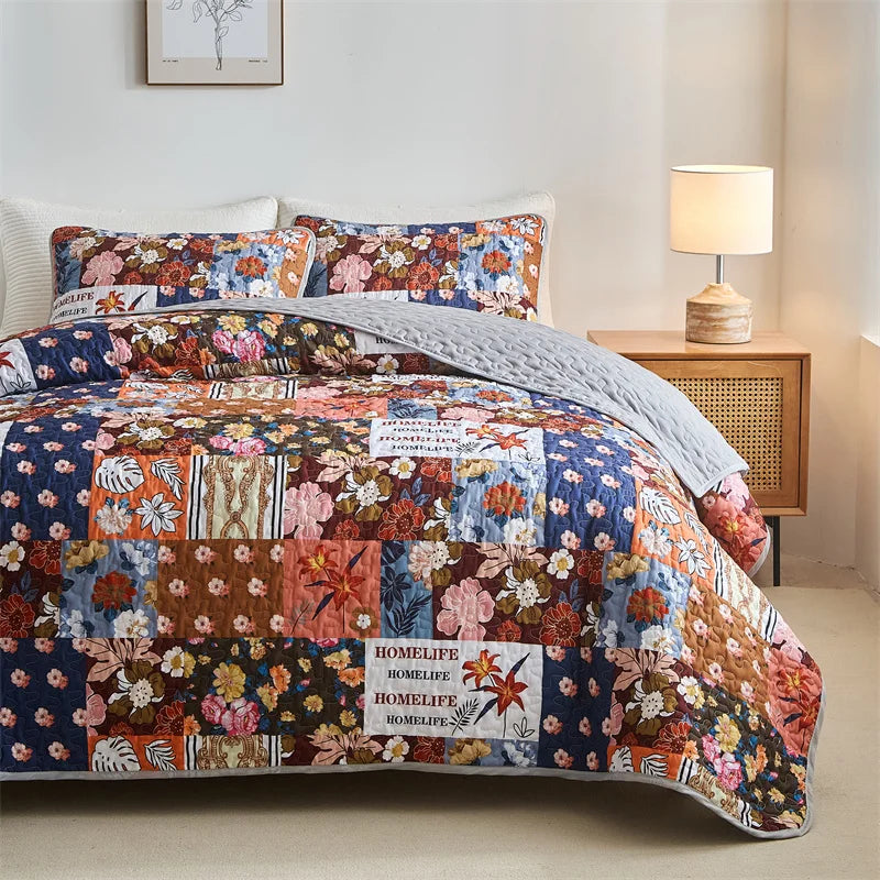 New Quilted Bedspread Set,Soft Microfiber,Thick Bed Cover+Pillowcase,European Flower Patchwork Mattress Topper Bed Sheets King