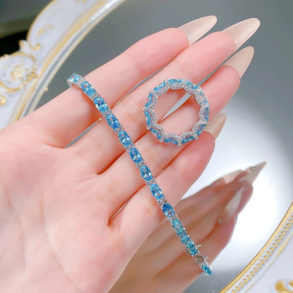 Wong Rain Luxury 925 Sterling Silver Oval Cut 4*6 MM Aquamarine High Carbon Diamond Gemstone Row Rings Fine Jewelry Wedding Band