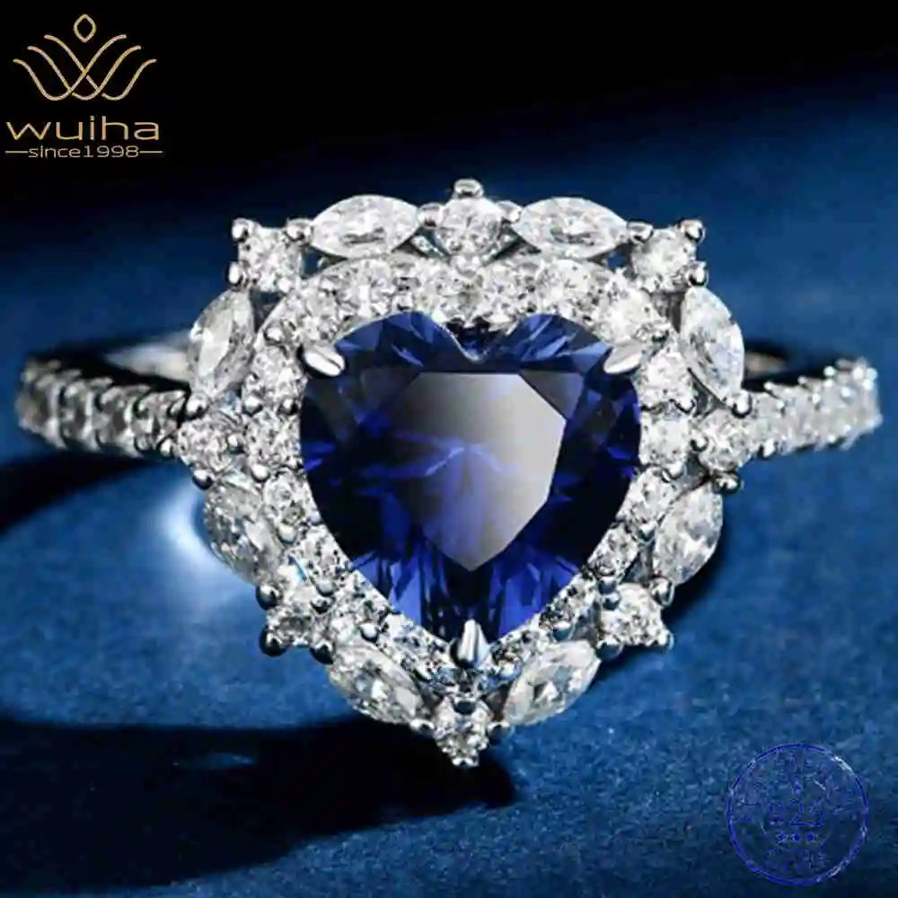 WUIHA Vintage 100% 925 Sterling Silver Heart Cut Lab Sapphire High Carbon Diamonds Gemstone Wedding Engagement Ring Fine Jewelry