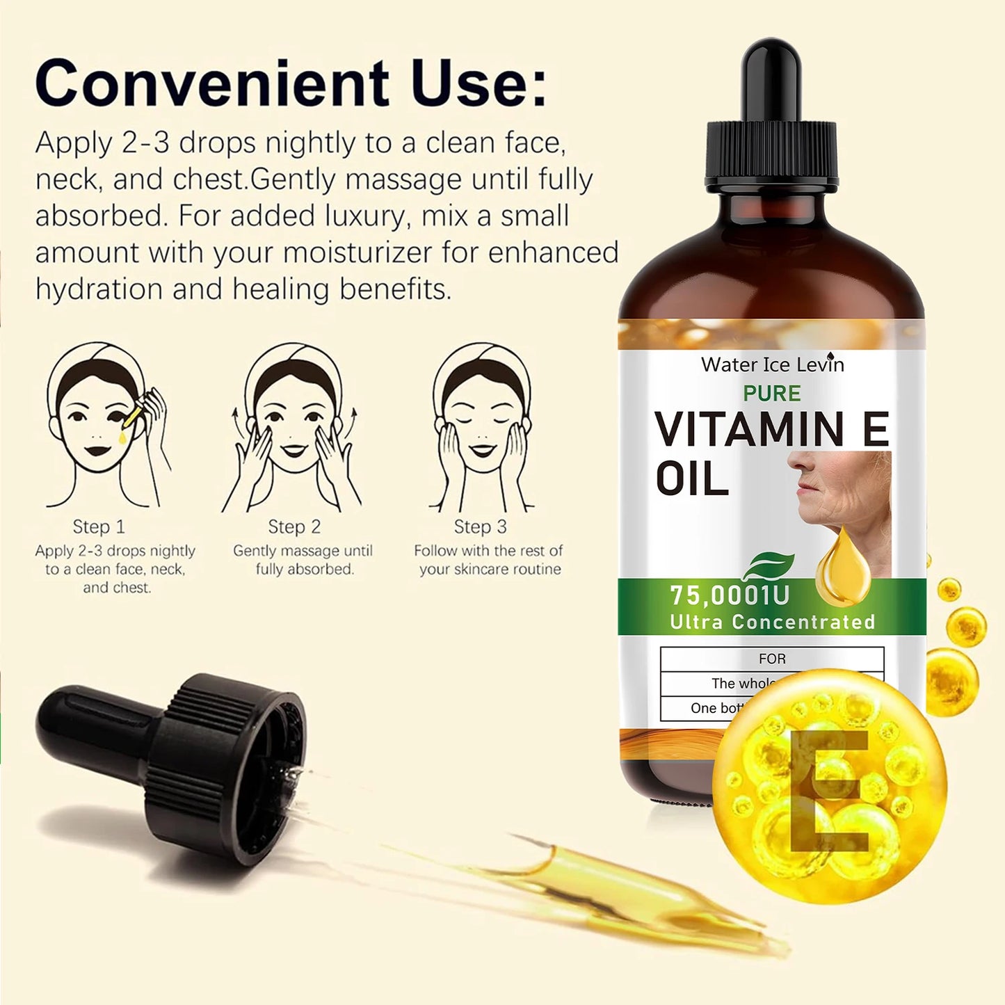 100ml Natural Vitamin E Essential Oil, Used for Massage, Skin Care, Gua Sha, Showering, Facial, Body, Nail, Hair, and Eyelash Care, Versatile