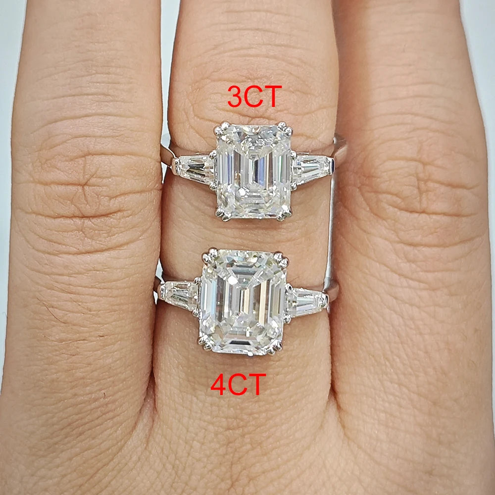1-4 Carat Emerald Cut Moissanite Rings for Women D VVS1 Three Stone Diamond Engagement Ring Side Baguettes 925 Silver Jewelry