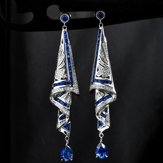 Wong Rain Vintage 100% 925 Sterling Silver Pass Test Lab Sapphire High Carbon Diamond Gemstone Drop Dangle Earrings Fine Jewelry