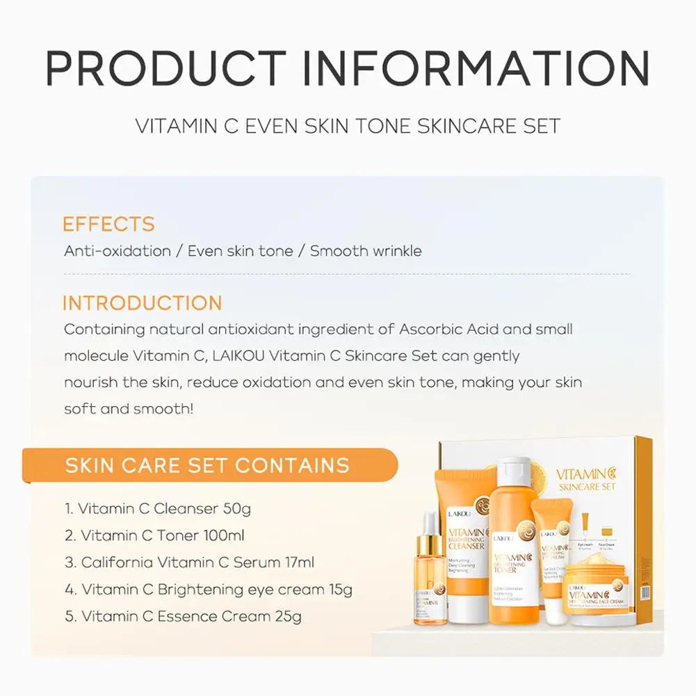 LAIKOU Vitamin C Skin Care Set Travel Size Kit For Gentle Skin Cleaning - Cleanser Toner Serum Eye Cream And Face Cream