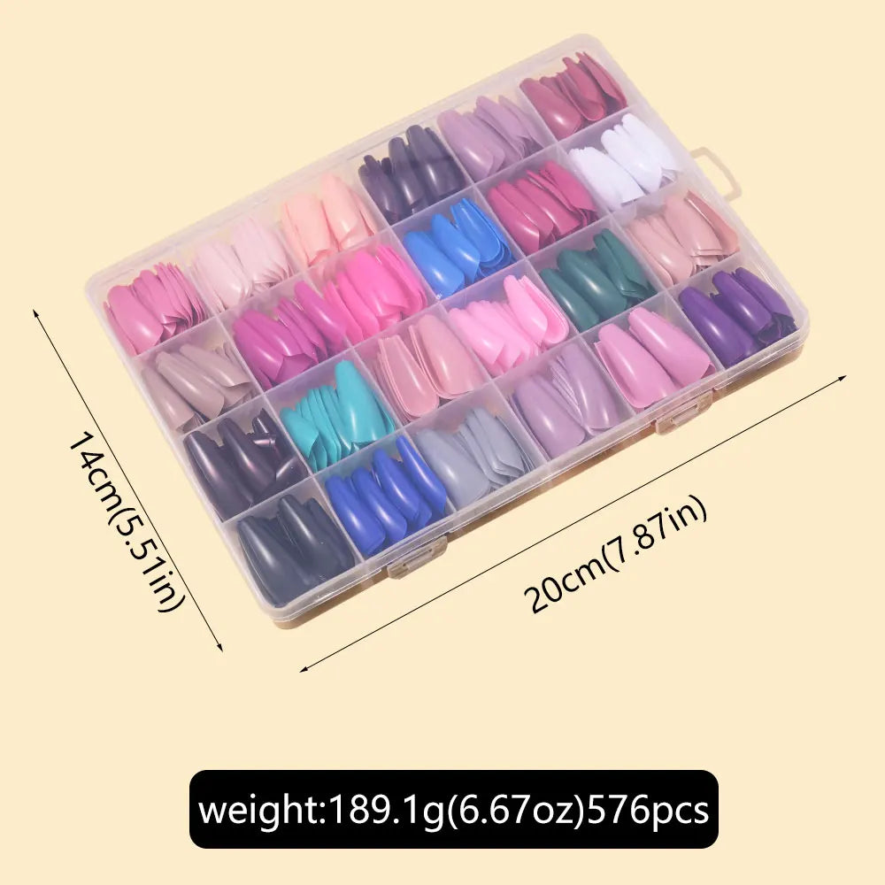 576pcs/box Colorful Long Coffin Fake Nails Glossy Soft Gel French Nail Tips Simple Press On Nail 24Grid Huge Capacity False Nail