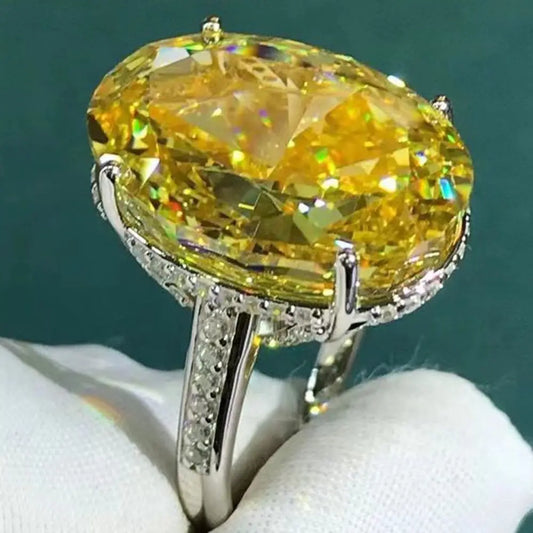 WUIHA Real 925 Sterling Silver Crushed Ice Oval 30CT Fancy Vivid Yellow Pink Sapphire Synthetic Moissanite Ring Drop Shipping
