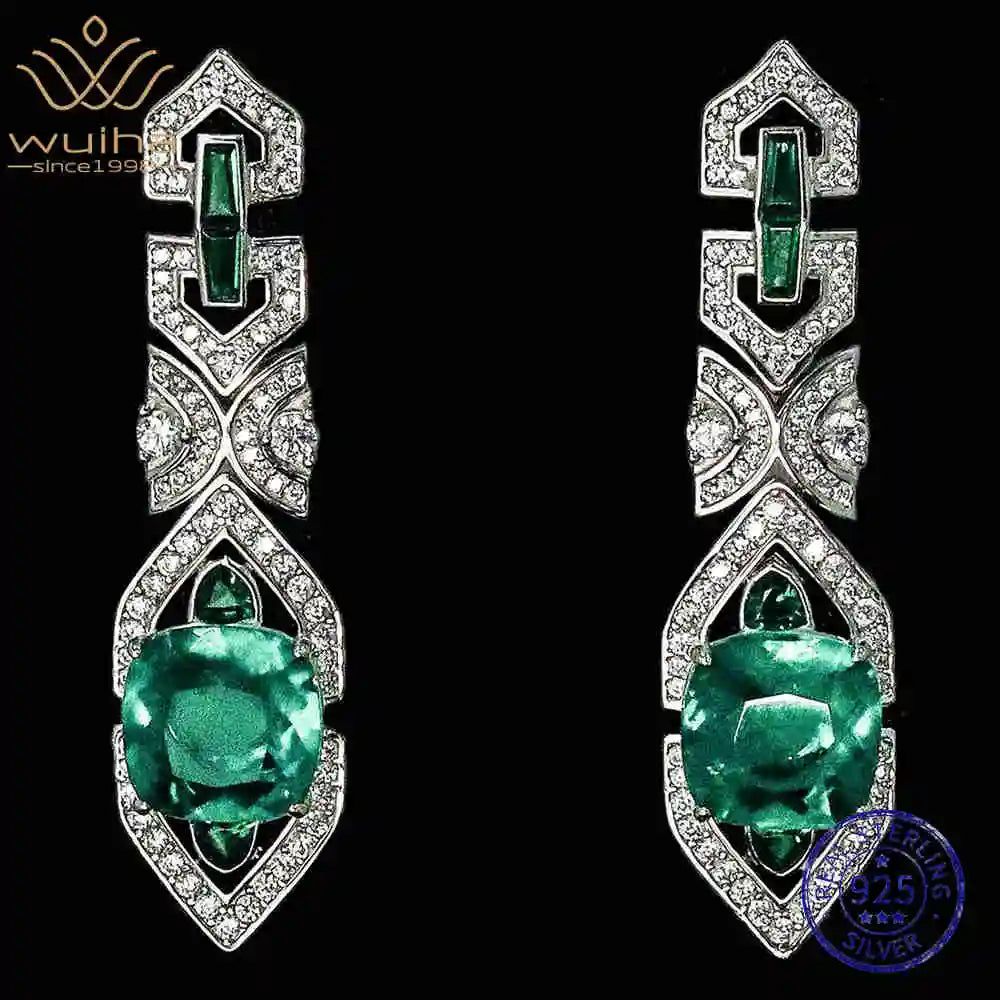 WUIHA Vintage 100% 925 Sterling Silver Cushion Cut Lab Sapphire Emerald High Carbon Diamonds Drop Dangle Earrings Fine Jewelry
