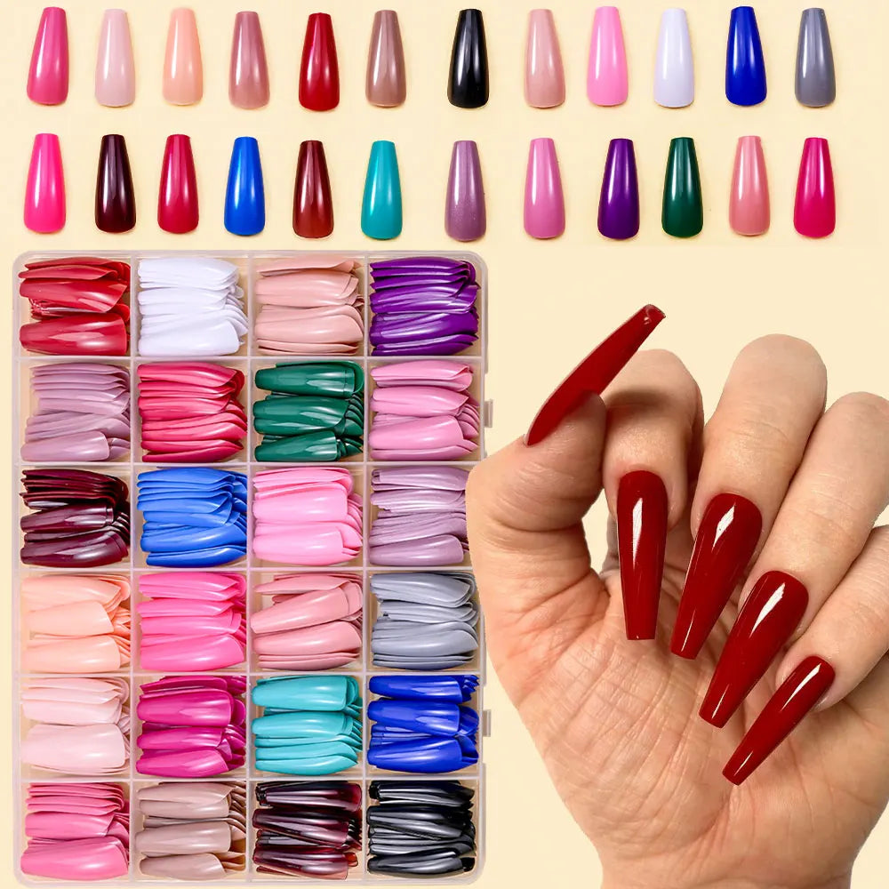 576pcs/box Colorful Long Coffin Fake Nails Glossy Soft Gel French Nail Tips Simple Press On Nail 24Grid Huge Capacity False Nail
