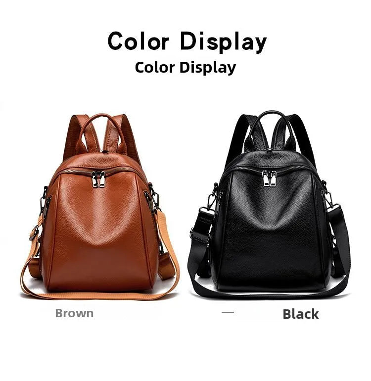 2026 New Fashionable Pure Color Leather Backpack Women's Cross-Border Travel Bag Durable Soft Cowhide Shoulder Bag for All Ages