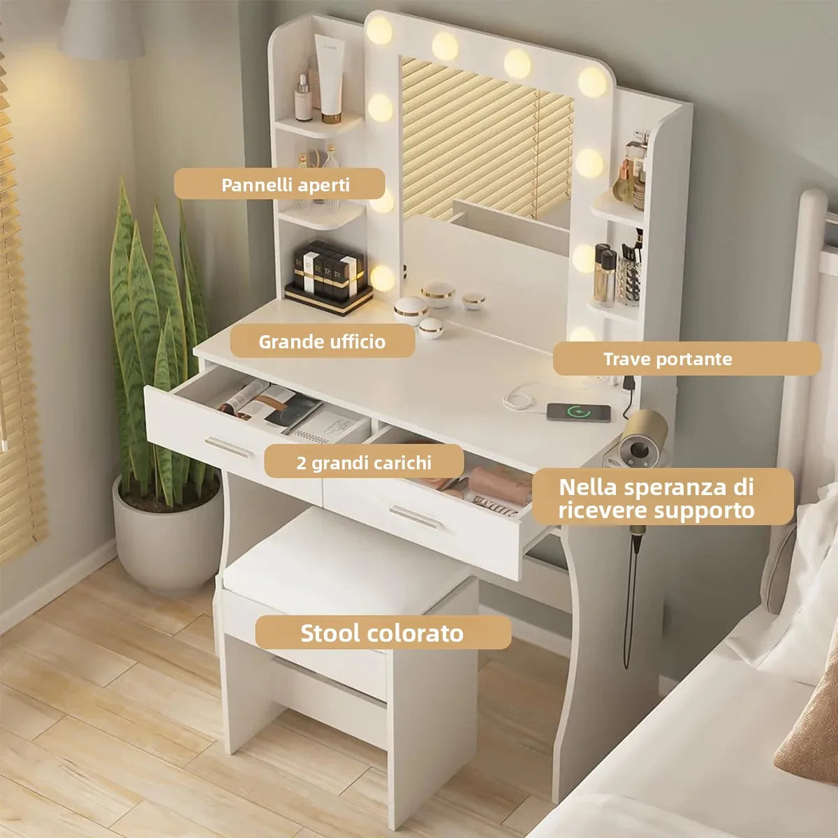 Mihtrov Level-shelves Makeup Table For Small Aparttment Adjustable Led Light Mirror Dressing Desk With Makeup Stool Detachable Vanity Desk Gift For Daughter & Friends