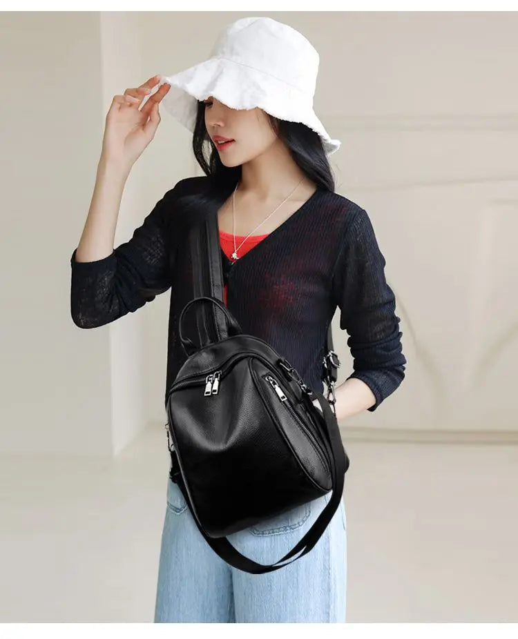2026 New Fashionable Pure Color Leather Backpack Women's Cross-Border Travel Bag Durable Soft Cowhide Shoulder Bag for All Ages