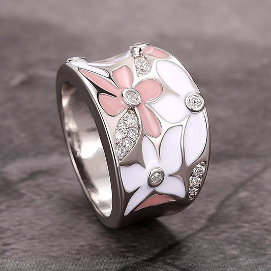 Huitan Aesthetic Enamel Flower Finger Ring for Women Wedding Party New 2023 Ring Silver Color Luxury Cubic Zirconia Jewelry Gift