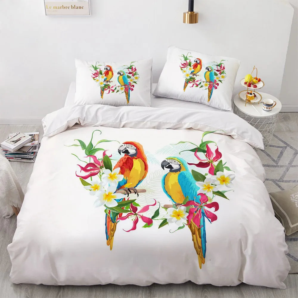 Flower Bird King Queen Duvet Cover Colorful Tropical Floral Bedding Set For Women Watercolor Plant 2/3pcs Polyester Quilt Cover
