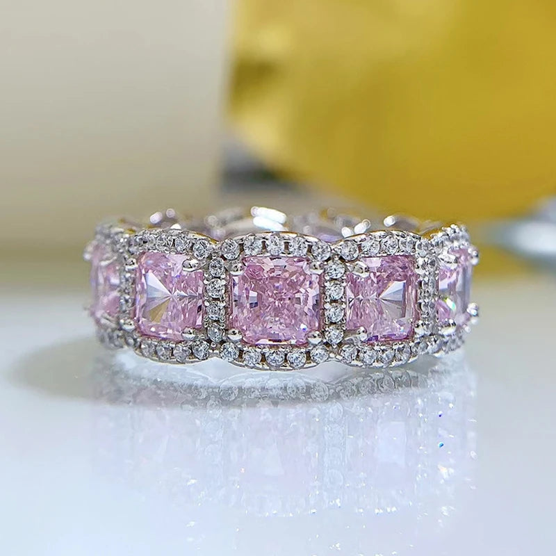 OEVAS 100% 925 Sterling Silver Sparkling 5*5mm Square Yellow Pink White High Carbon Diamond Rings For Women Party Fine Jewelry