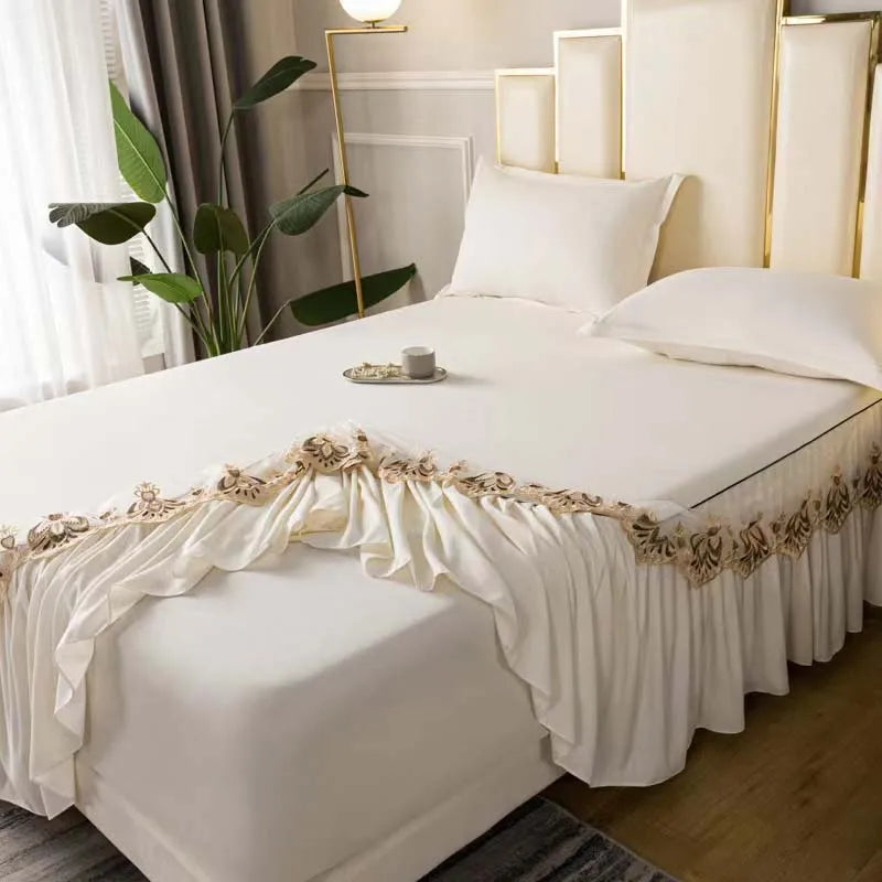 3pcs Set Raw Cotton Soft Bedspread Bed Romance Dust Protector Cover Embroidery Lace Edge Bed Skirt with 2pcs Pillowcase