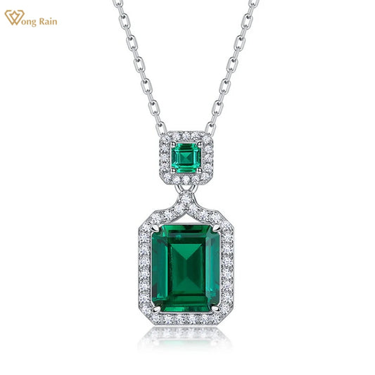 Wong Rain Vintage 925 Sterling Silver Emerald Cut  7*9 MM Emerald High Carbon Diamond Gemstone Pendant Necklace Fine Jewelry