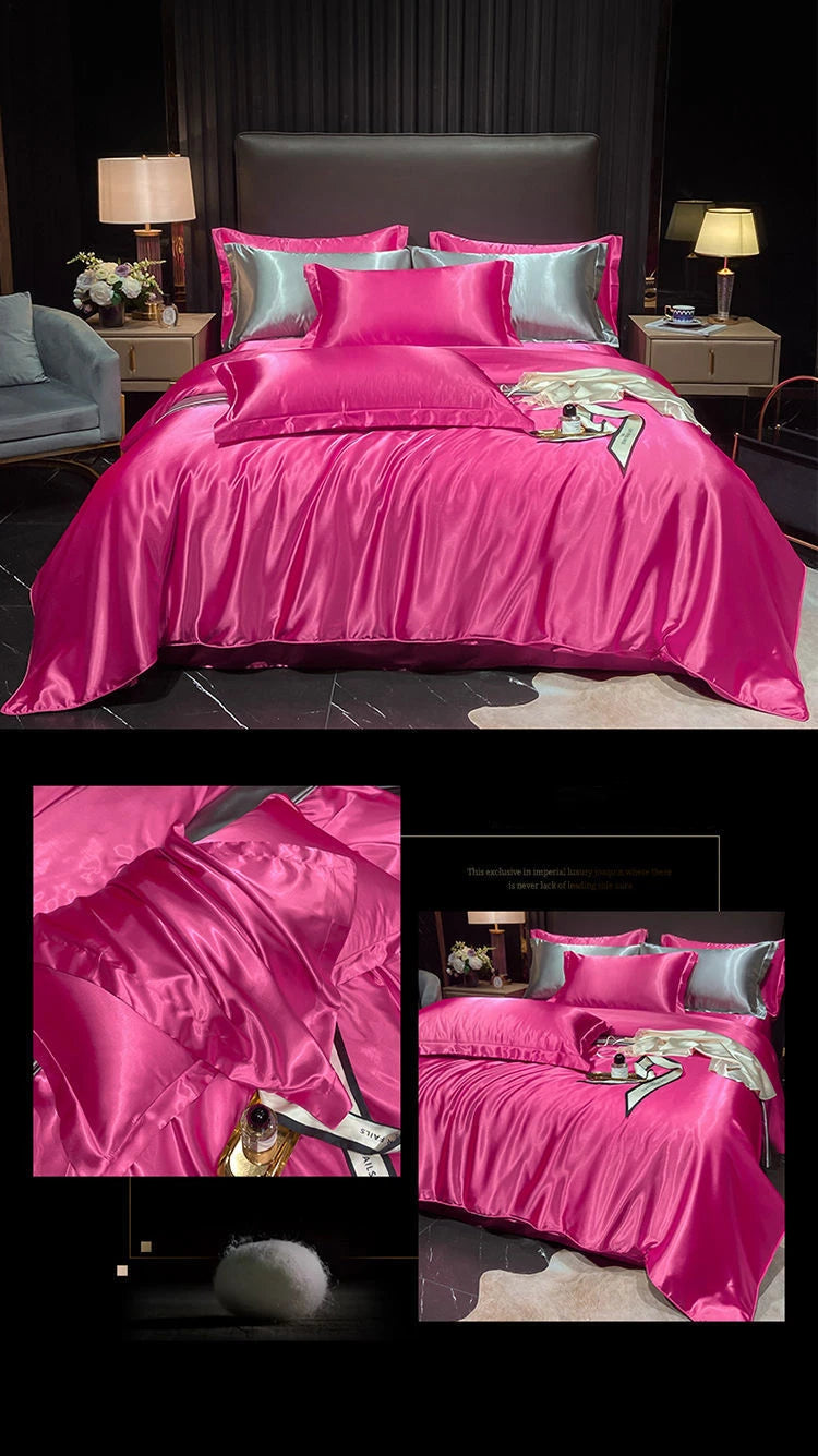 Real 100% Mulberry Silk Bedding Set with Duvet Cover Fitted/Flat Bed Sheet Pillowcase Solid Color 4pcs King Queen Twin Bed Sets