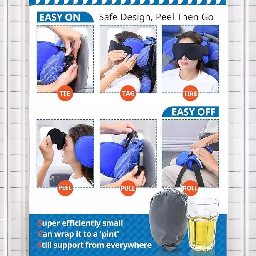 Adjustable Travel Neck Pillow with Eye Mask Set Head Support for Sleeping on Airplane Car Train Breathable Prevents Head Shaking