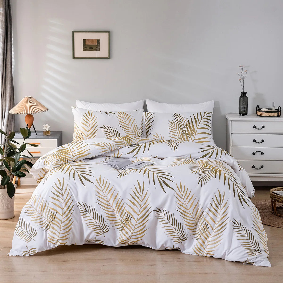 Golden Light Shining Green Leaves Tropical Bed Cover Set King Queen Double Full Twin Single Size Bed Linen Set