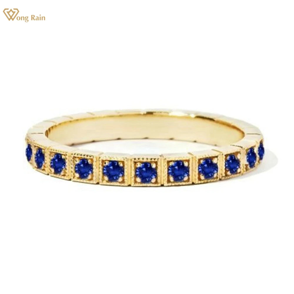 Wong Rain Solid 925 Sterling Silver 2 MM Sapphire Ruby Emerald High Carbon Diamond Gemstone Row Ring for Women Fine Jewelry Band