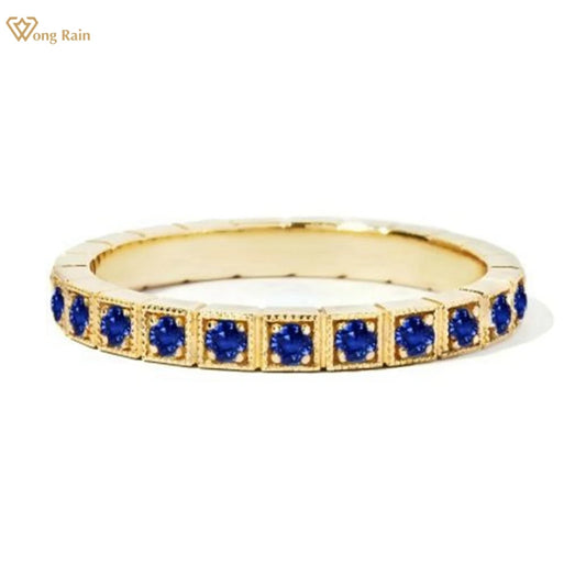 Wong Rain Solid 925 Sterling Silver 2 MM Sapphire Ruby Emerald High Carbon Diamond Gemstone Row Ring for Women Fine Jewelry Band