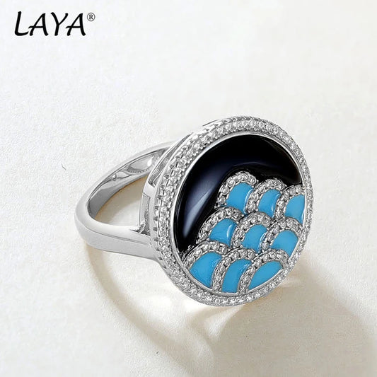 LAYA 925 Sterling Silver Ring Blue Decoration Finger Rings High Quality Zircon Handmade Enamel for Women 2025 Trend Jewelry